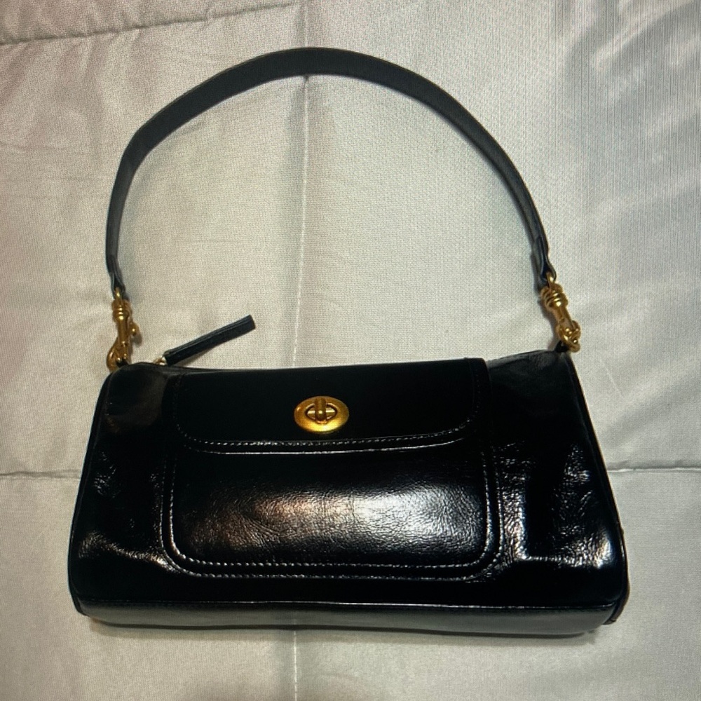 Black Leather Shoulder Bag with Gold Turn-Lock